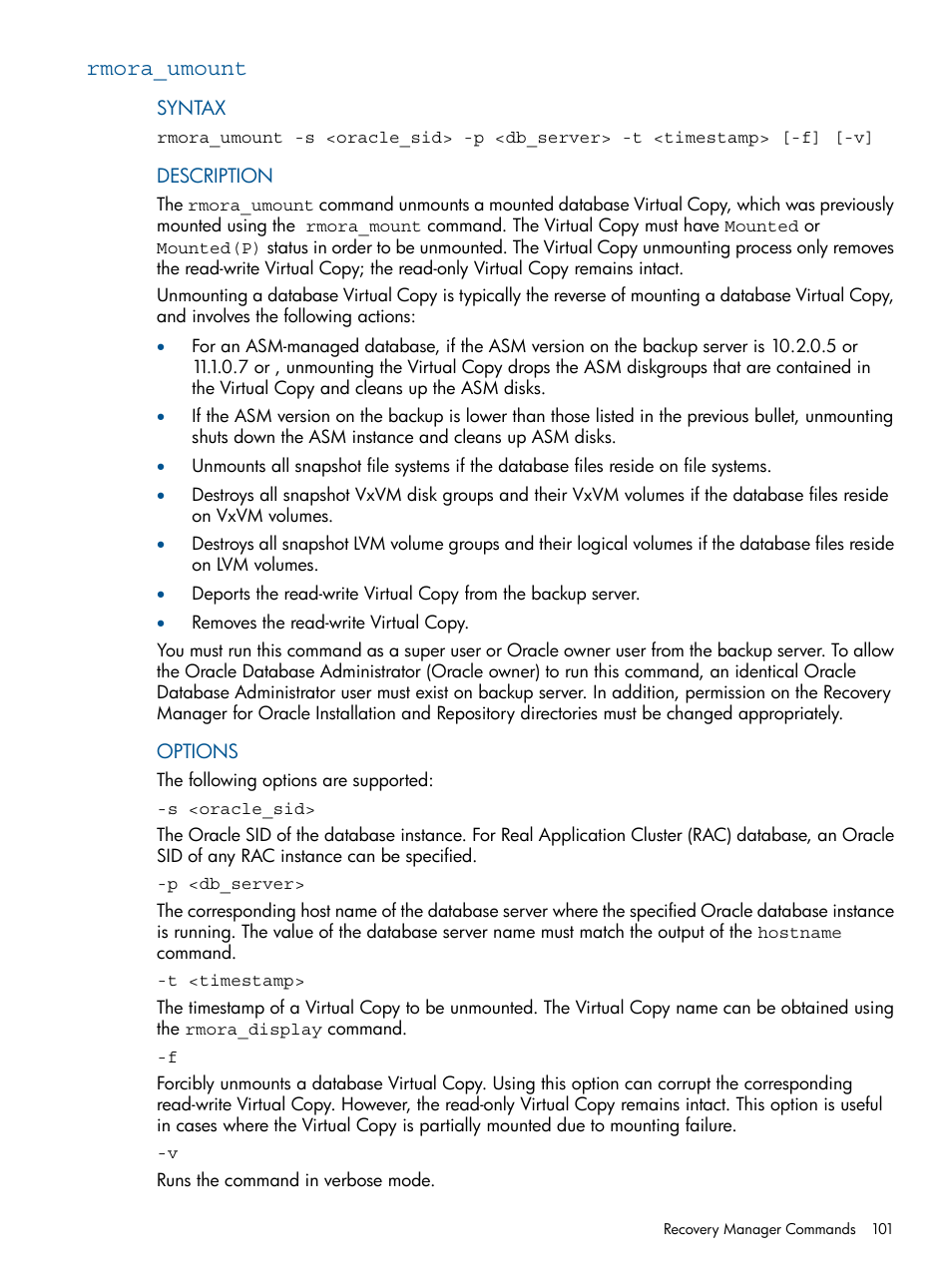 Rmora_umount | HP 3PAR Application Software Suite for Oracle User Manual | Page 101 / 215