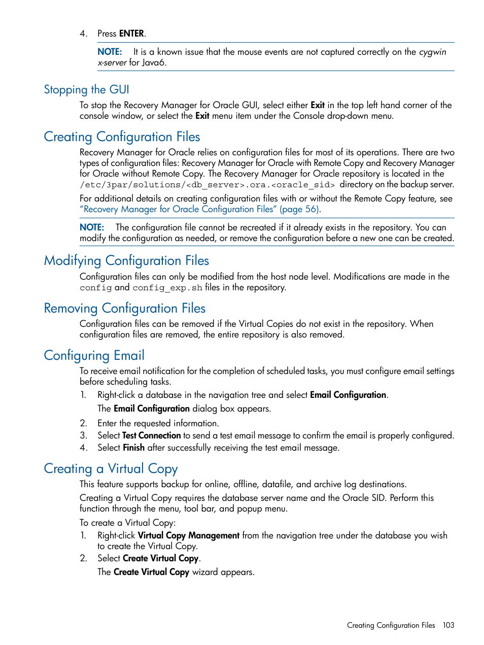 Stopping the gui, Creating configuration files, Modifying configuration files | Removing configuration files, Configuring email, Creating a virtual copy | HP 3PAR Application Software Suite for Oracle User Manual | Page 103 / 215