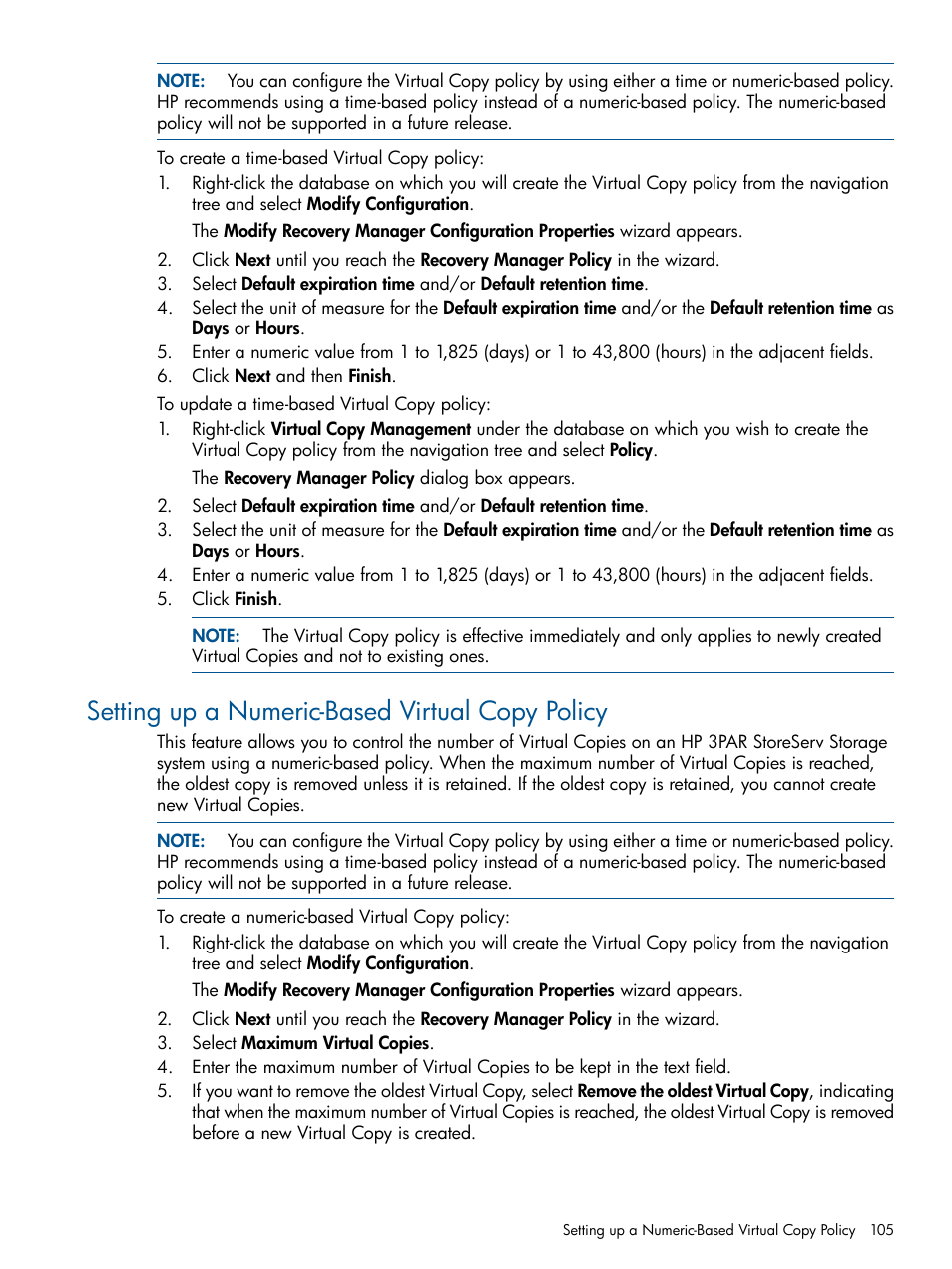 Setting up a numeric-based virtual copy policy | HP 3PAR Application Software Suite for Oracle User Manual | Page 105 / 215