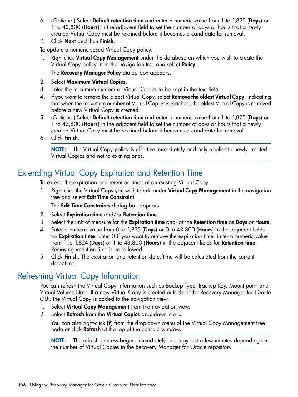 Refreshing virtual copy information | HP 3PAR Application Software Suite for Oracle User Manual | Page 106 / 215