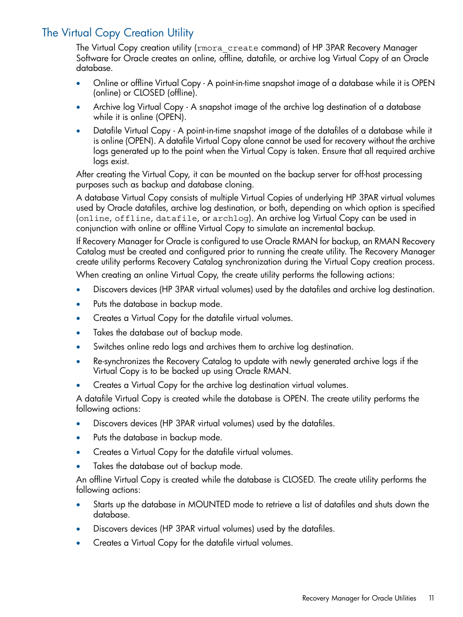 The virtual copy creation utility | HP 3PAR Application Software Suite for Oracle User Manual | Page 11 / 215