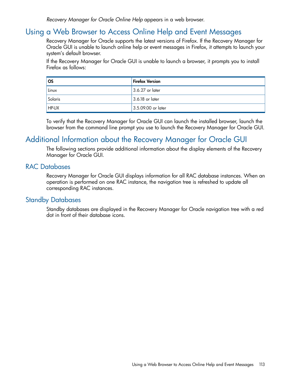 Rac databases, Standby databases, Rac databases standby databases | HP 3PAR Application Software Suite for Oracle User Manual | Page 113 / 215