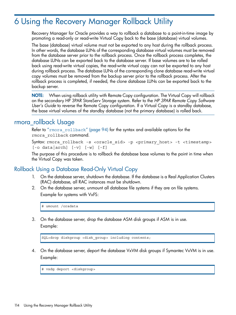 6 using the recovery manager rollback utility, Rmora_rollback usage, Rollback using a database read-only virtual copy | HP 3PAR Application Software Suite for Oracle User Manual | Page 114 / 215