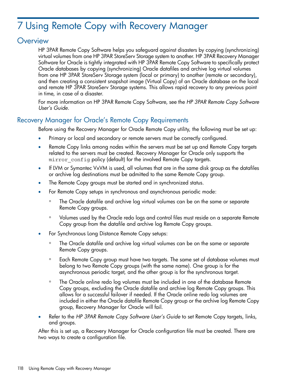 7 using remote copy with recovery manager, Overview | HP 3PAR Application Software Suite for Oracle User Manual | Page 118 / 215