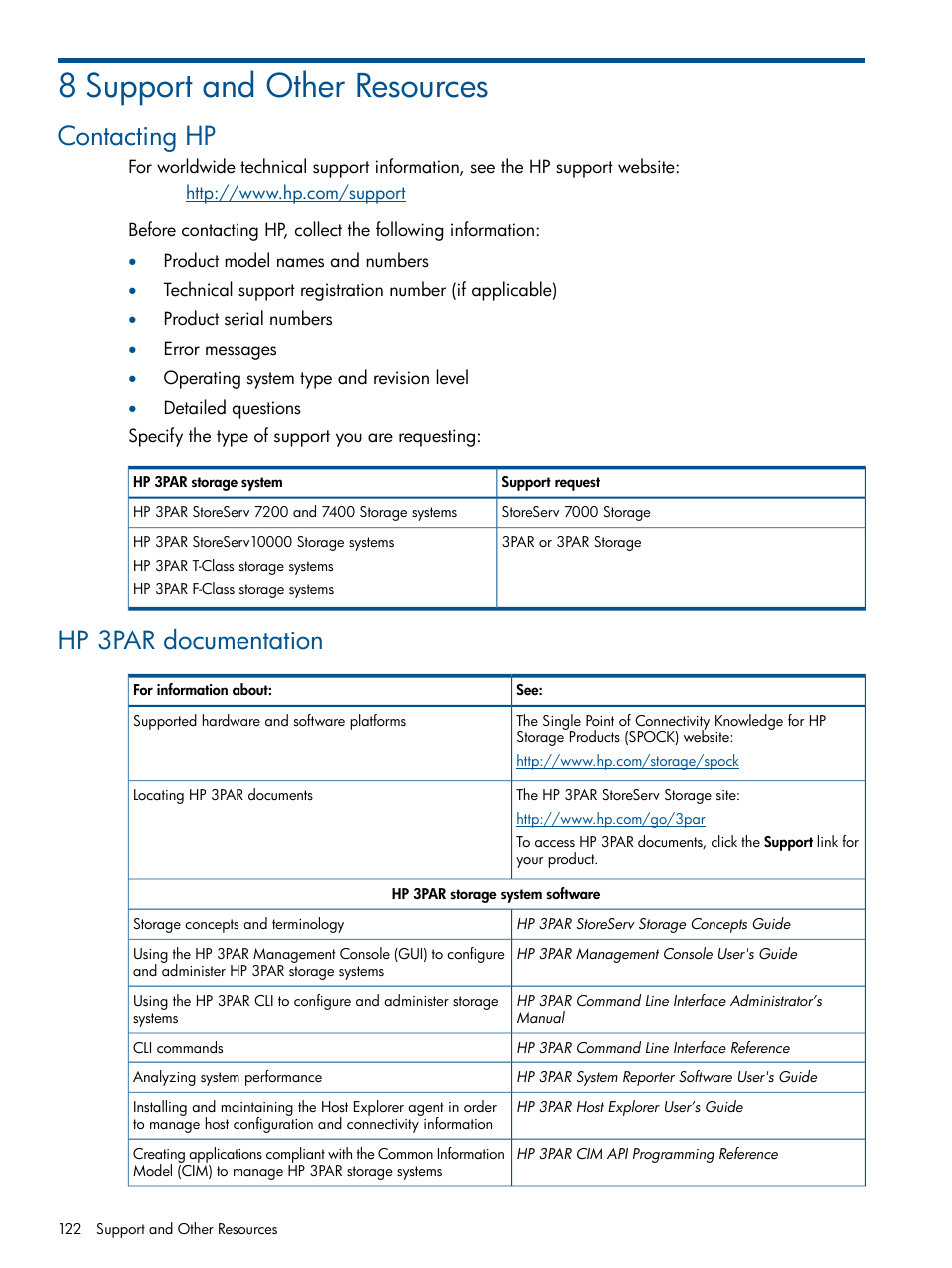 8 support and other resources, Contacting hp, Hp 3par documentation | Contacting hp hp 3par documentation | HP 3PAR Application Software Suite for Oracle User Manual | Page 122 / 215