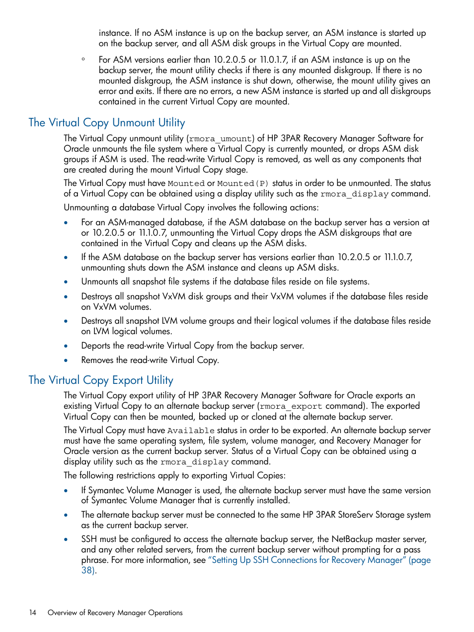The virtual copy unmount utility, The virtual copy export utility | HP 3PAR Application Software Suite for Oracle User Manual | Page 14 / 215