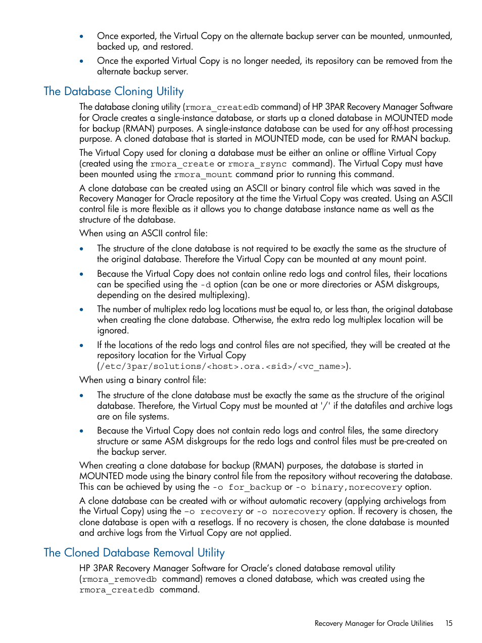 The database cloning utility, The cloned database removal utility | HP 3PAR Application Software Suite for Oracle User Manual | Page 15 / 215