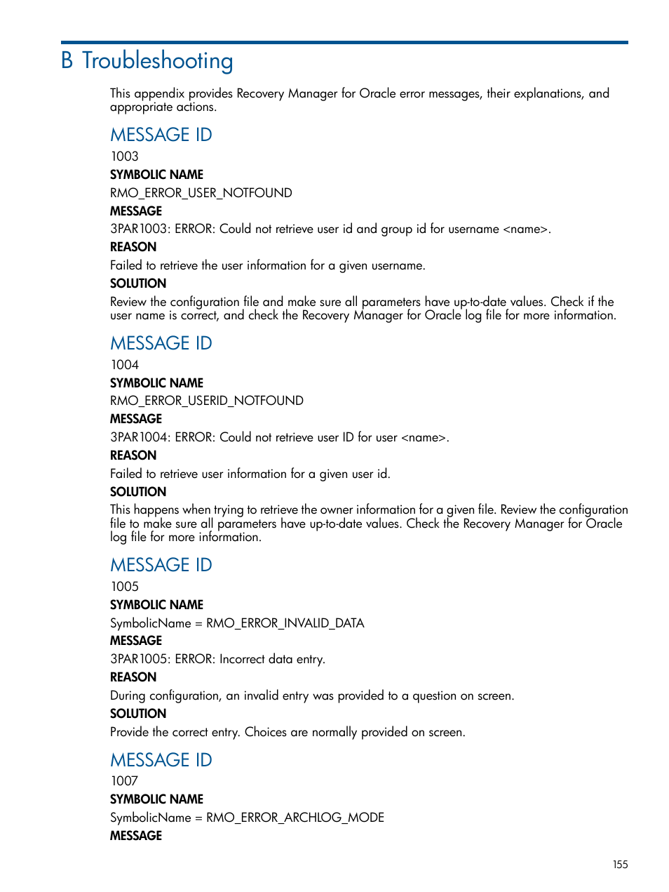 B troubleshooting, Message id | HP 3PAR Application Software Suite for Oracle User Manual | Page 155 / 215