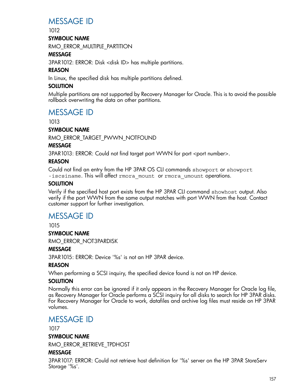 Message id | HP 3PAR Application Software Suite for Oracle User Manual | Page 157 / 215
