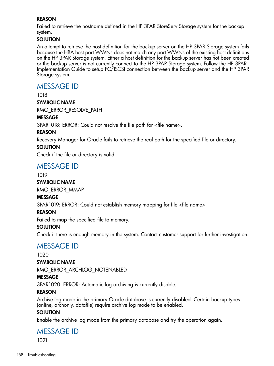 Message id | HP 3PAR Application Software Suite for Oracle User Manual | Page 158 / 215