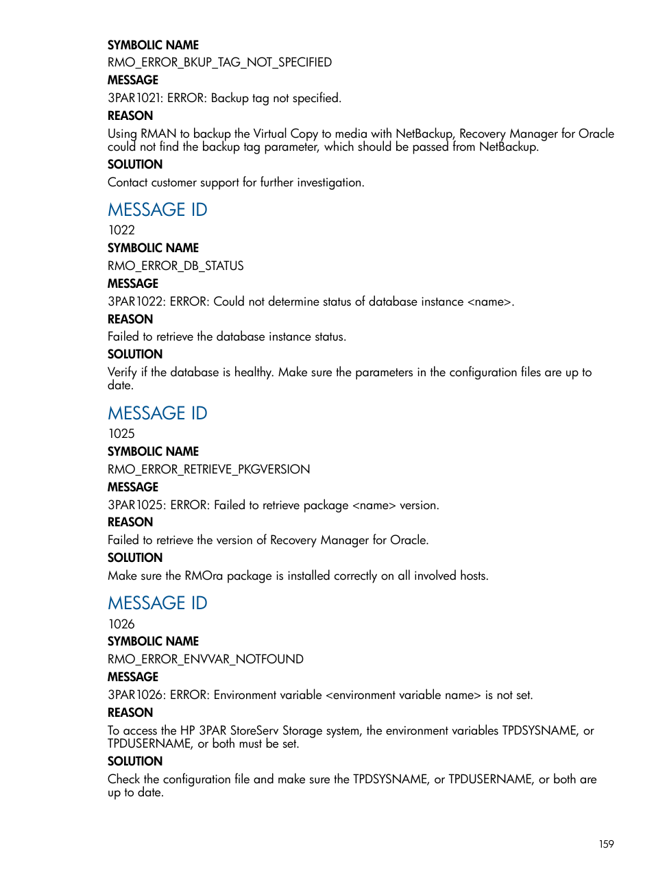 Message id | HP 3PAR Application Software Suite for Oracle User Manual | Page 159 / 215