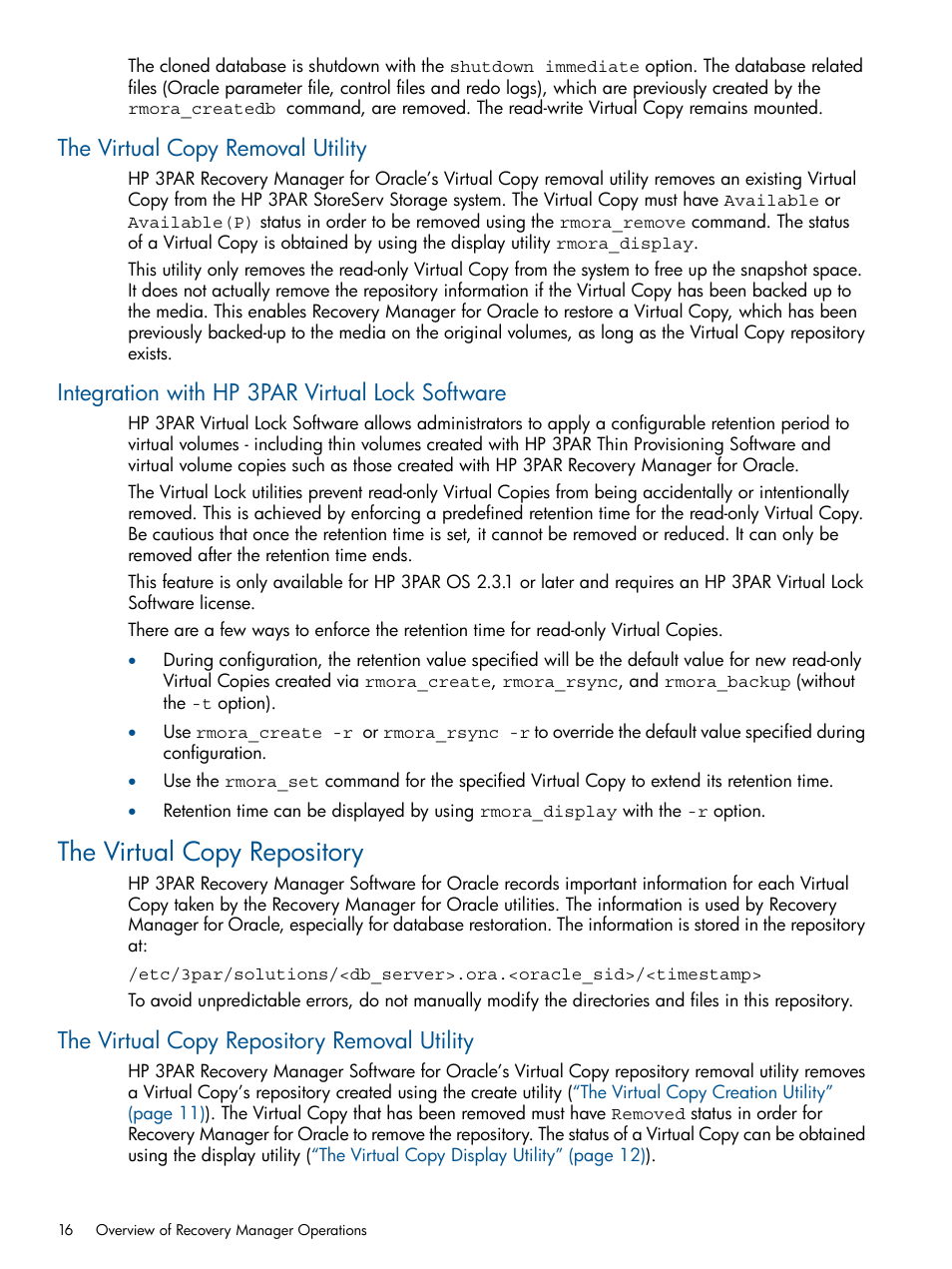 The virtual copy removal utility, Integration with hp 3par virtual lock software, The virtual copy repository | The virtual copy repository removal utility | HP 3PAR Application Software Suite for Oracle User Manual | Page 16 / 215