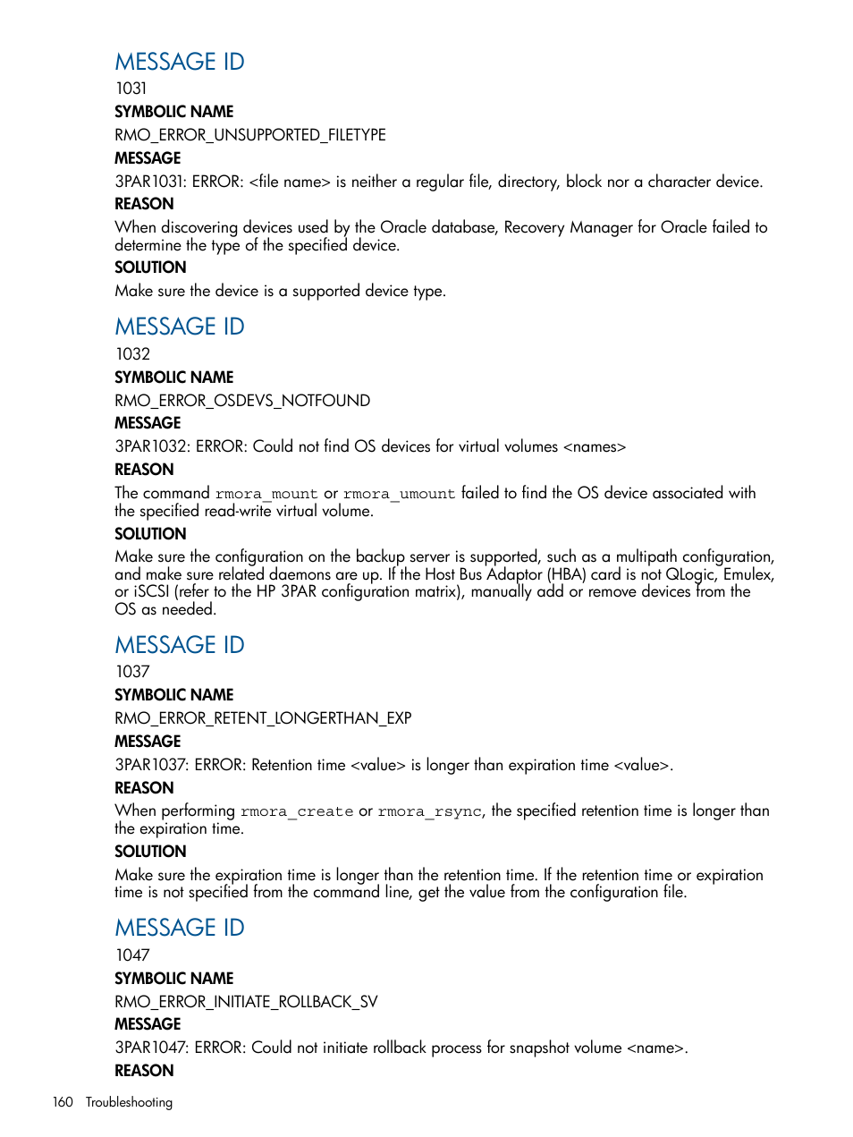 Message id | HP 3PAR Application Software Suite for Oracle User Manual | Page 160 / 215