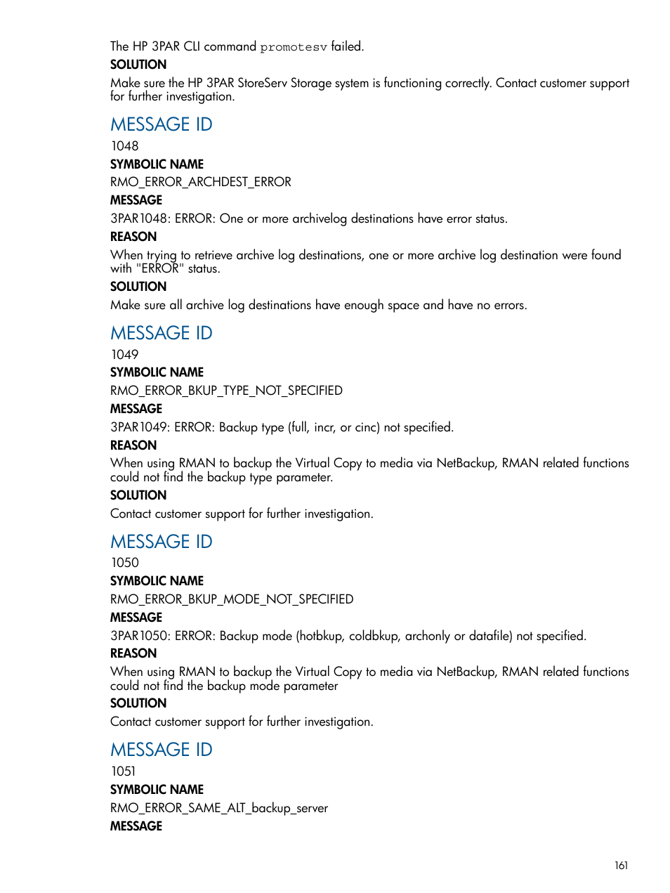 Message id | HP 3PAR Application Software Suite for Oracle User Manual | Page 161 / 215