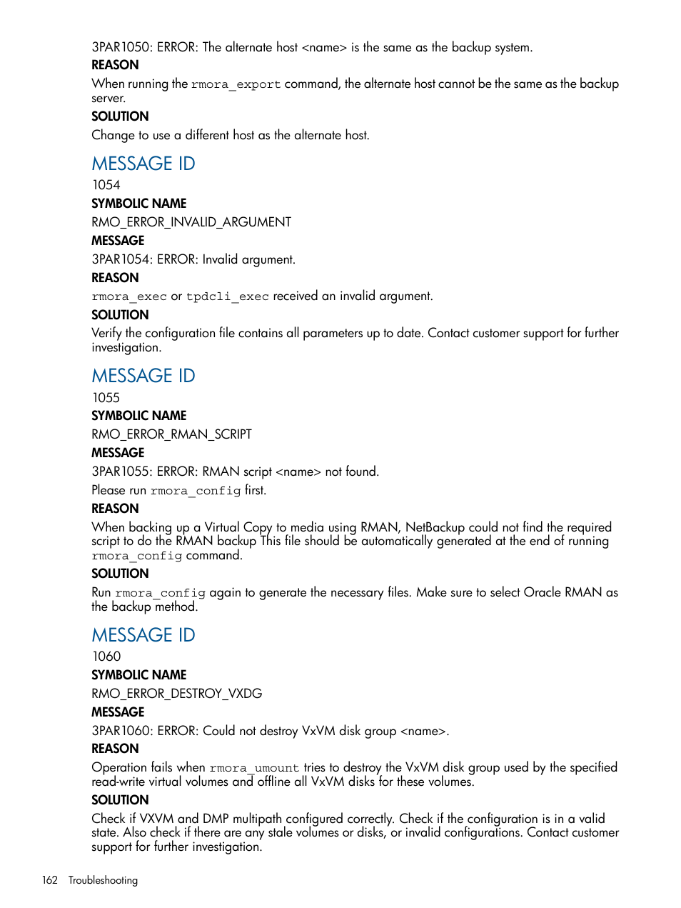 Message id | HP 3PAR Application Software Suite for Oracle User Manual | Page 162 / 215