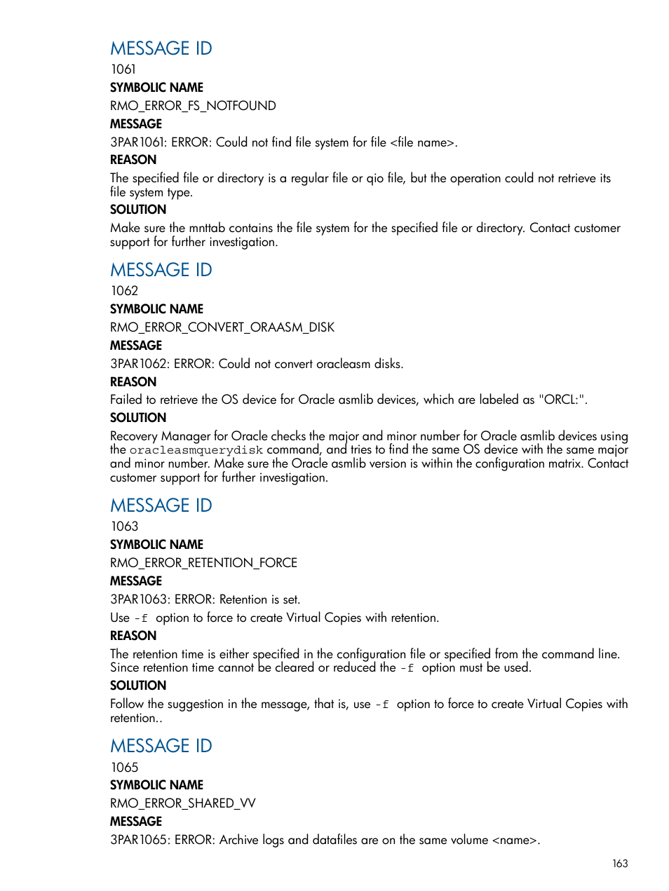 Message id | HP 3PAR Application Software Suite for Oracle User Manual | Page 163 / 215