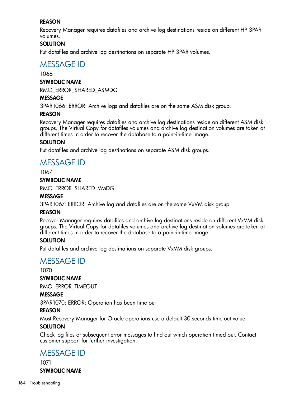 Message id | HP 3PAR Application Software Suite for Oracle User Manual | Page 164 / 215