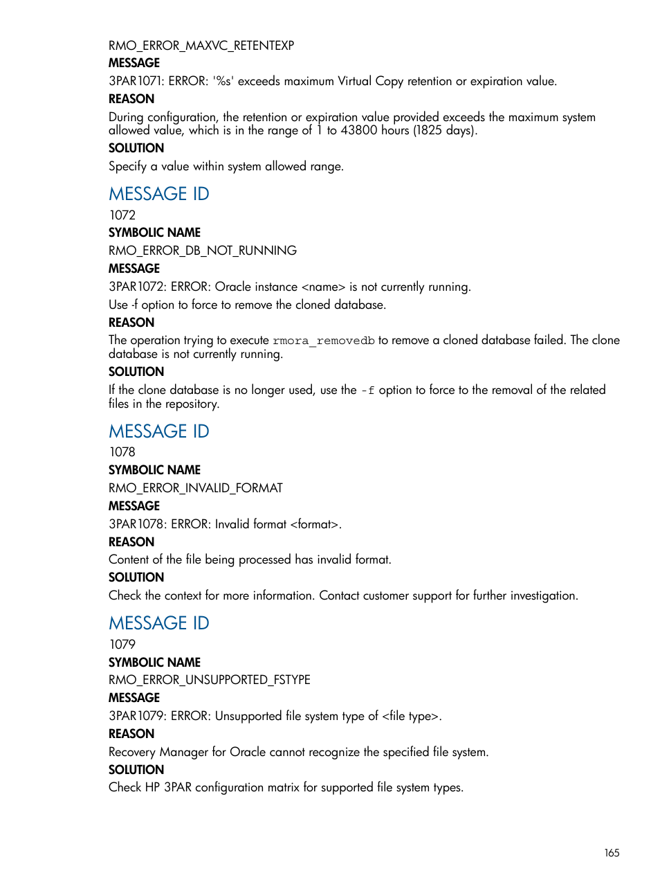 Message id | HP 3PAR Application Software Suite for Oracle User Manual | Page 165 / 215