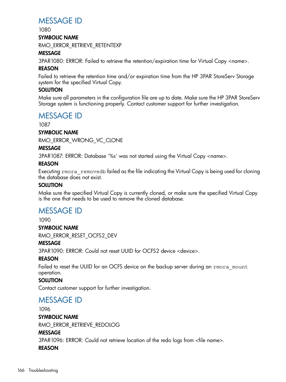 Message id | HP 3PAR Application Software Suite for Oracle User Manual | Page 166 / 215