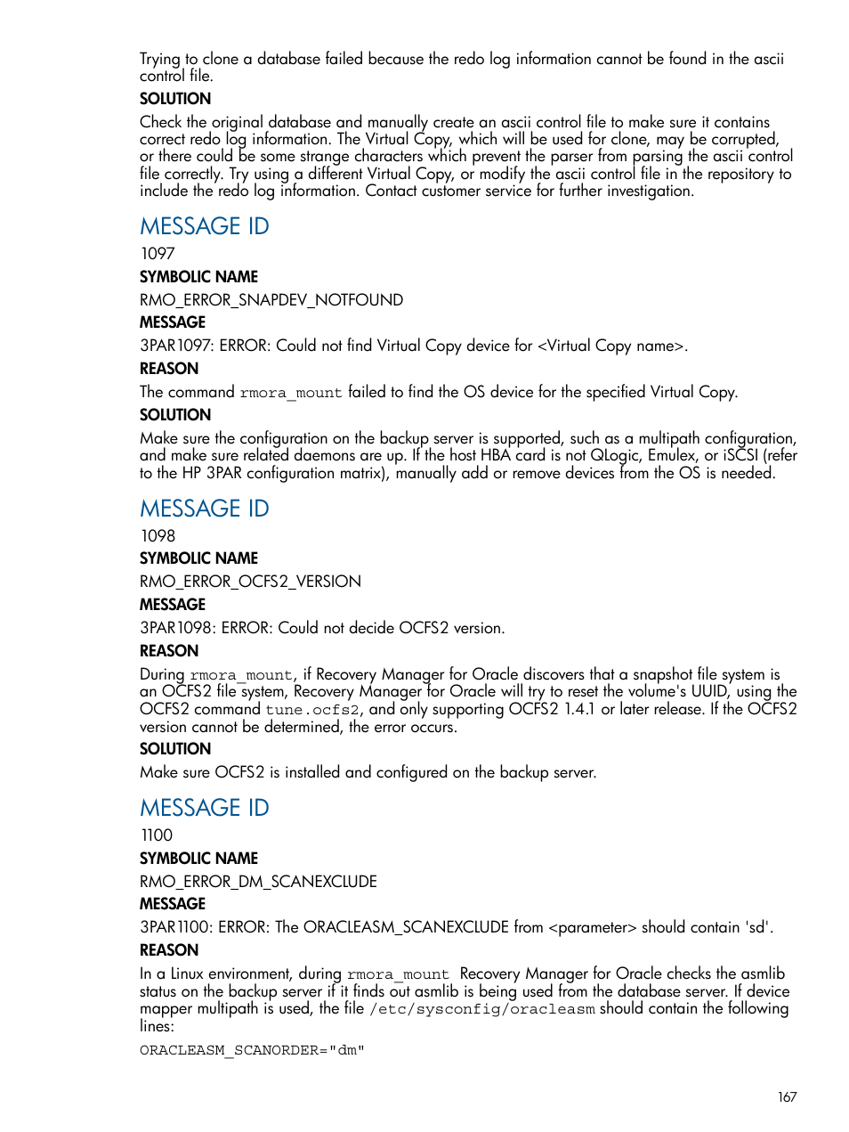 Message id | HP 3PAR Application Software Suite for Oracle User Manual | Page 167 / 215