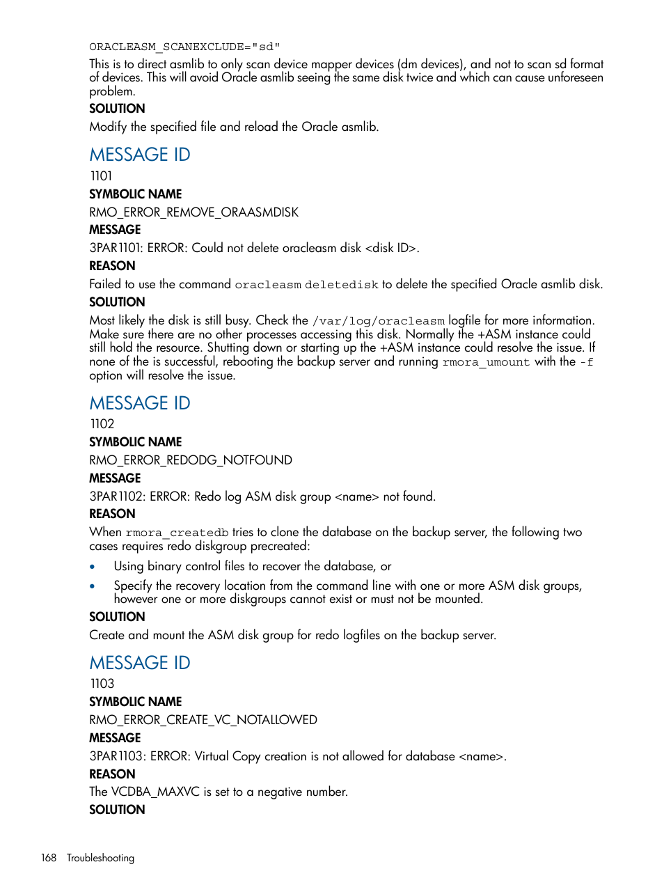 Message id | HP 3PAR Application Software Suite for Oracle User Manual | Page 168 / 215