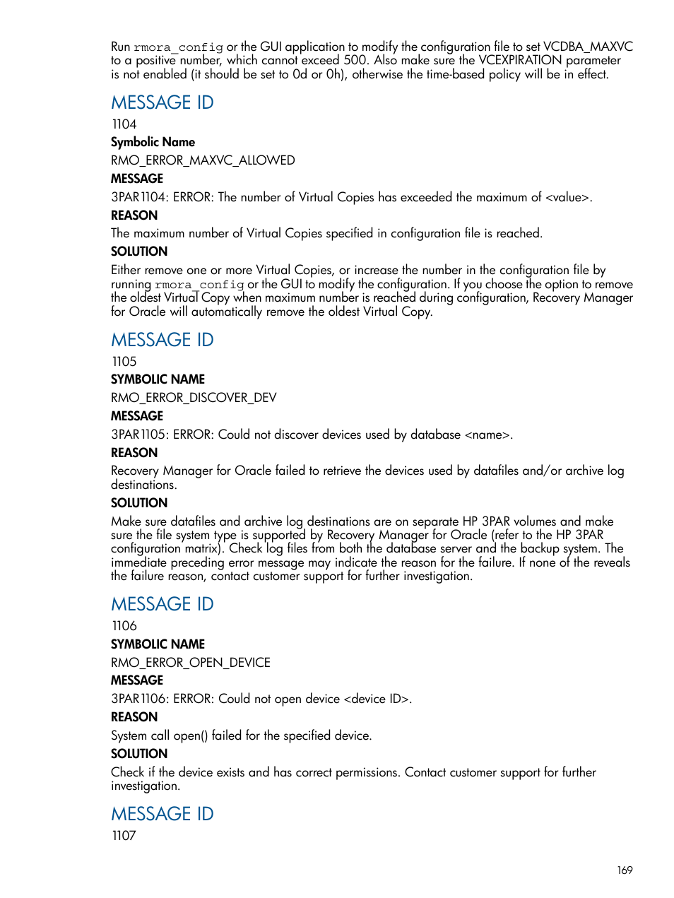 Message id | HP 3PAR Application Software Suite for Oracle User Manual | Page 169 / 215