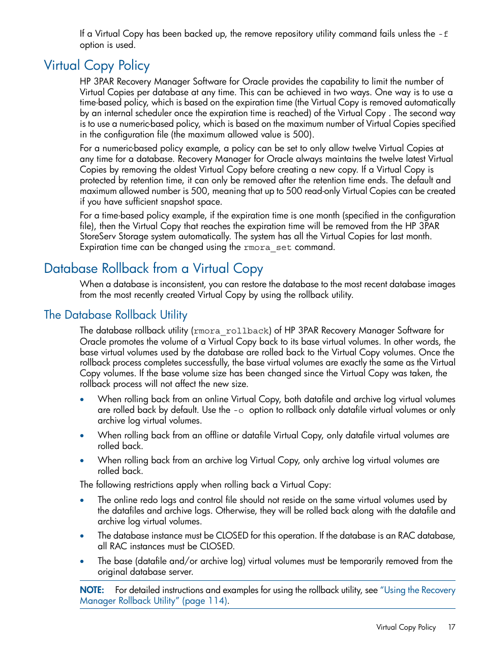 Virtual copy policy, Database rollback from a virtual copy, The database rollback utility | HP 3PAR Application Software Suite for Oracle User Manual | Page 17 / 215