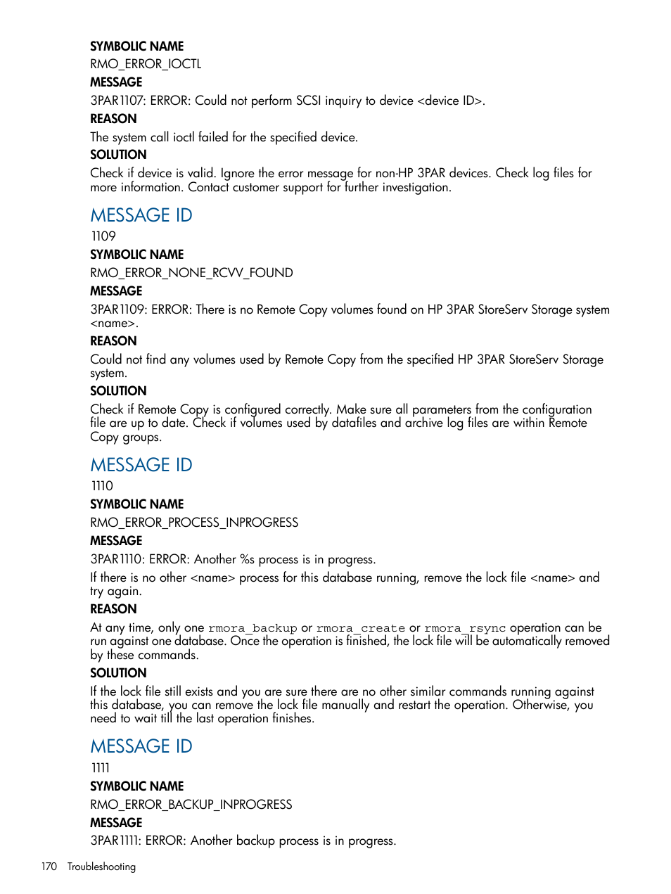 Message id | HP 3PAR Application Software Suite for Oracle User Manual | Page 170 / 215