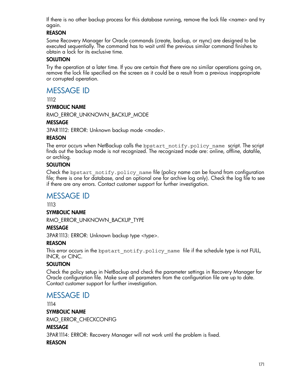 Message id | HP 3PAR Application Software Suite for Oracle User Manual | Page 171 / 215