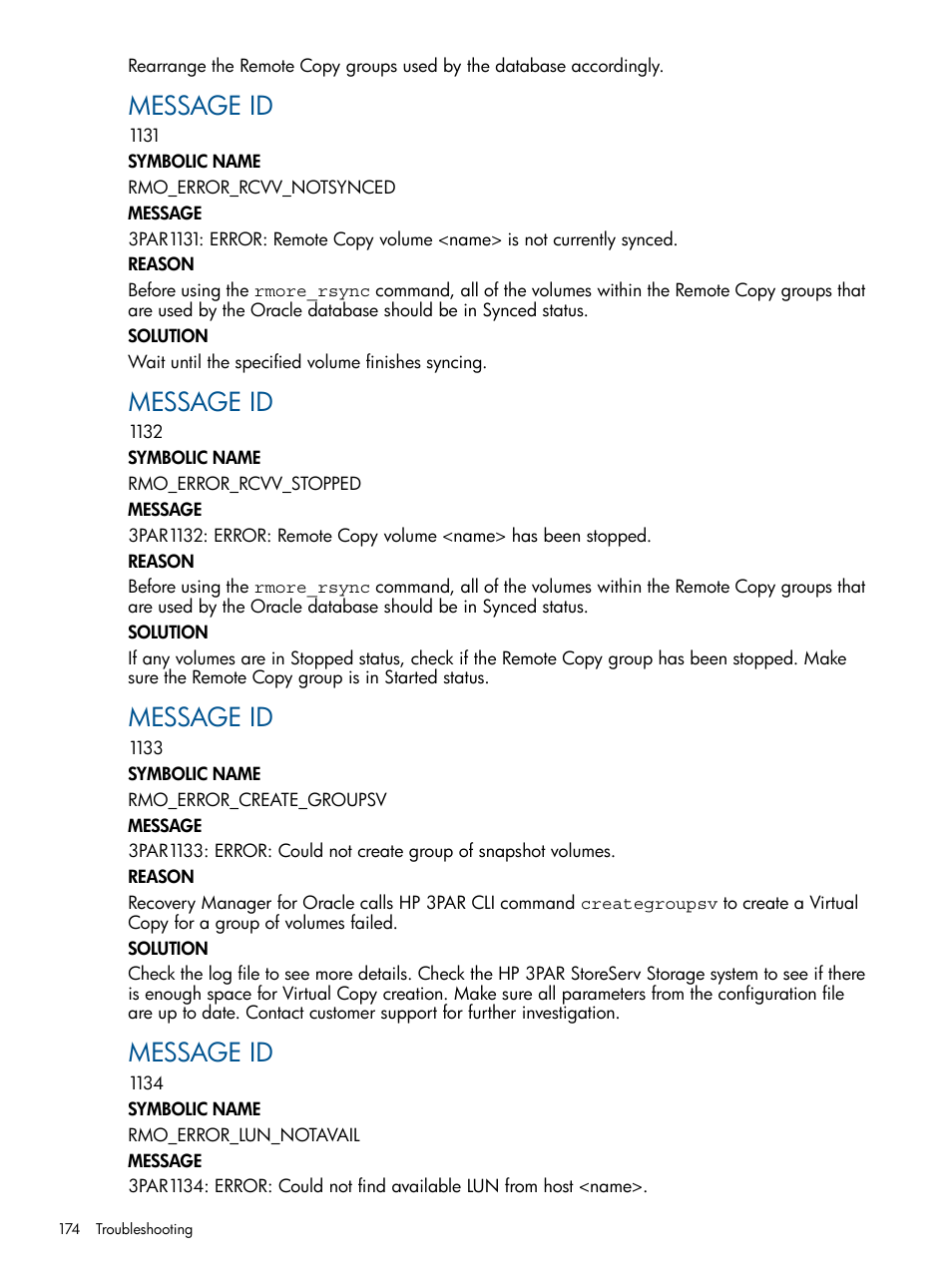 Message id | HP 3PAR Application Software Suite for Oracle User Manual | Page 174 / 215
