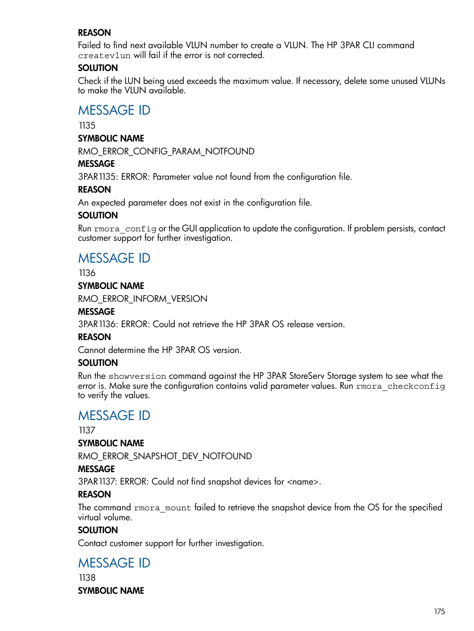 Message id | HP 3PAR Application Software Suite for Oracle User Manual | Page 175 / 215