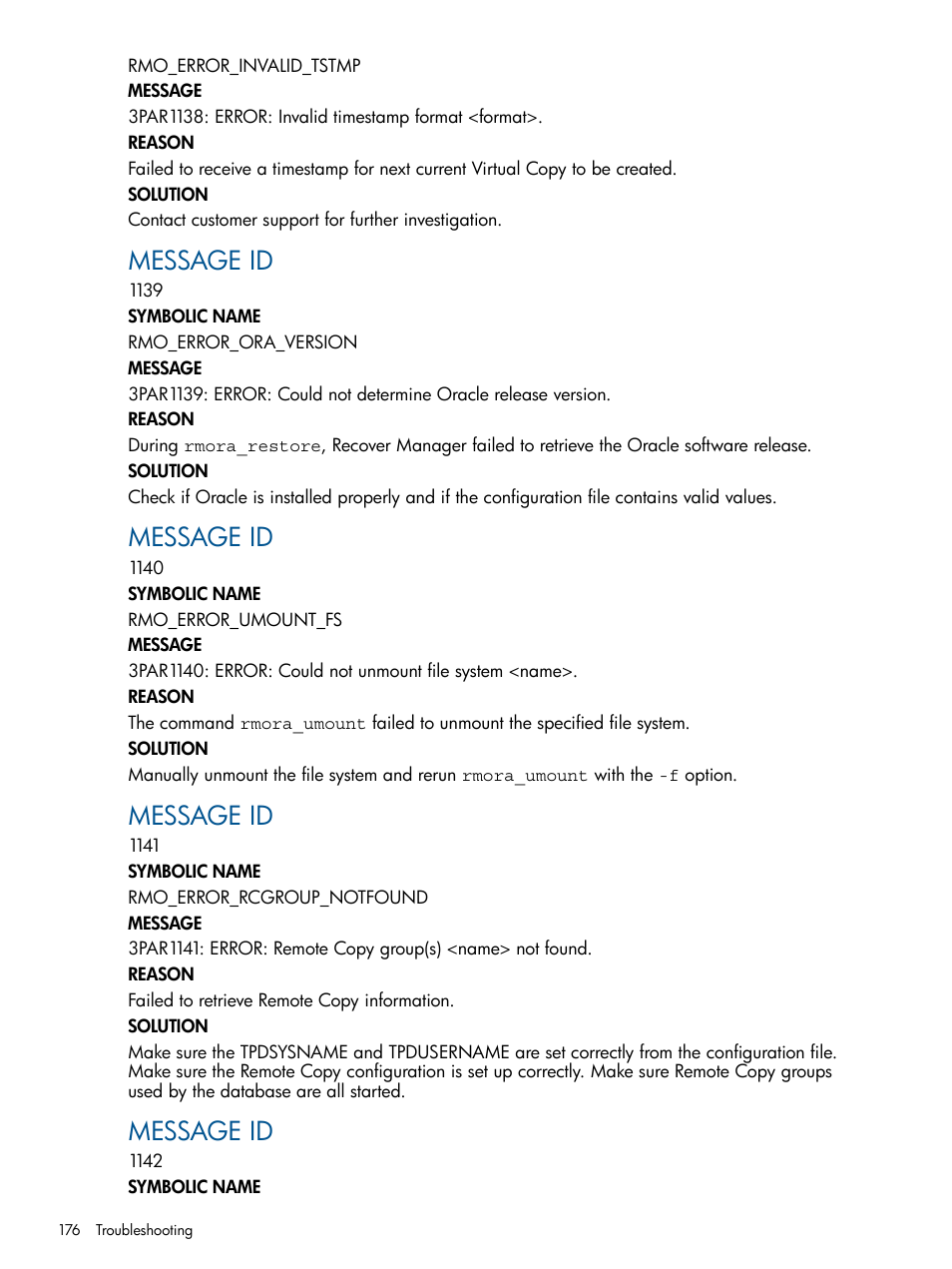 Message id | HP 3PAR Application Software Suite for Oracle User Manual | Page 176 / 215