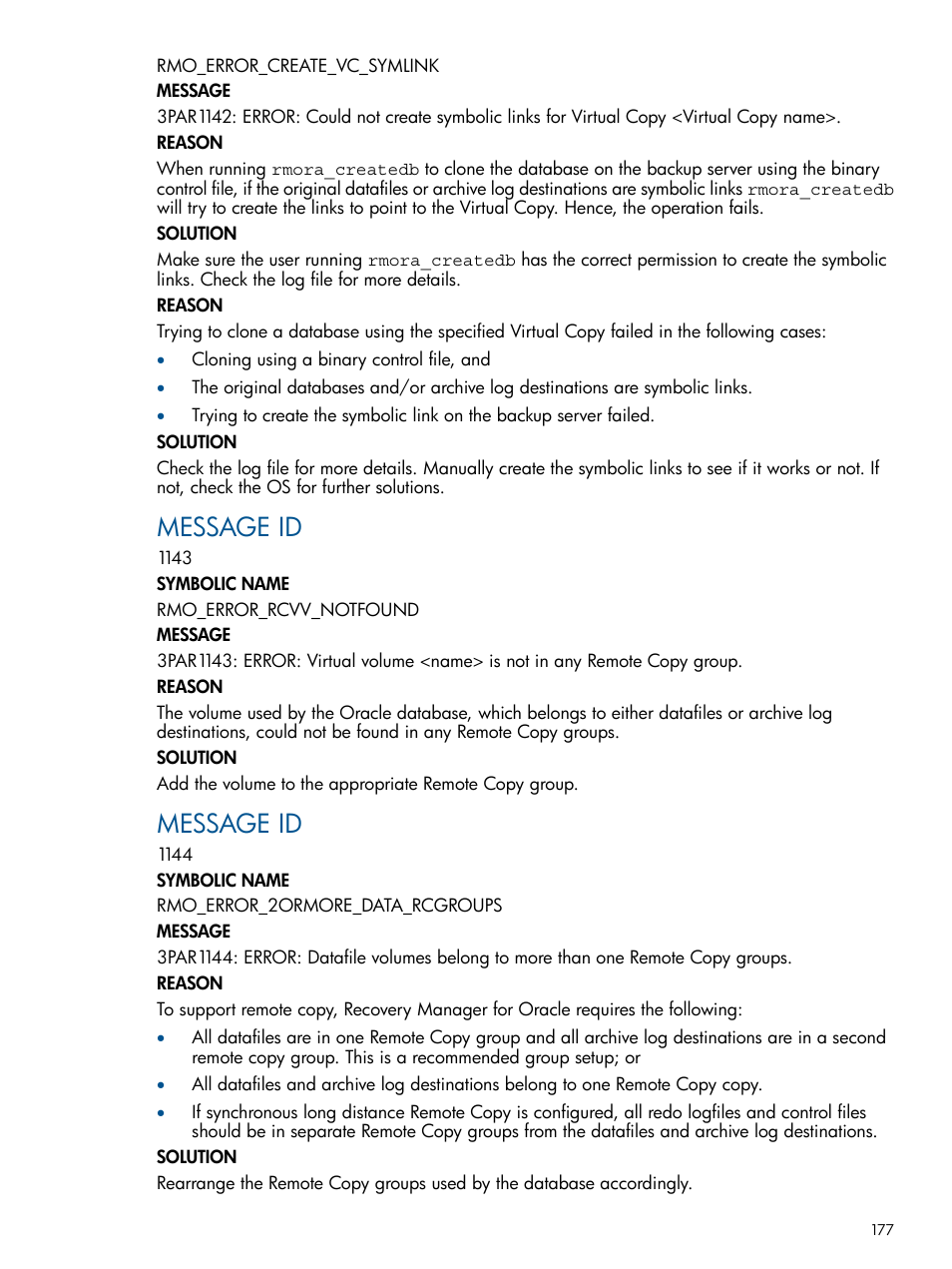 Message id | HP 3PAR Application Software Suite for Oracle User Manual | Page 177 / 215