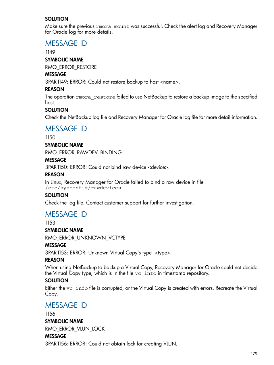Message id | HP 3PAR Application Software Suite for Oracle User Manual | Page 179 / 215