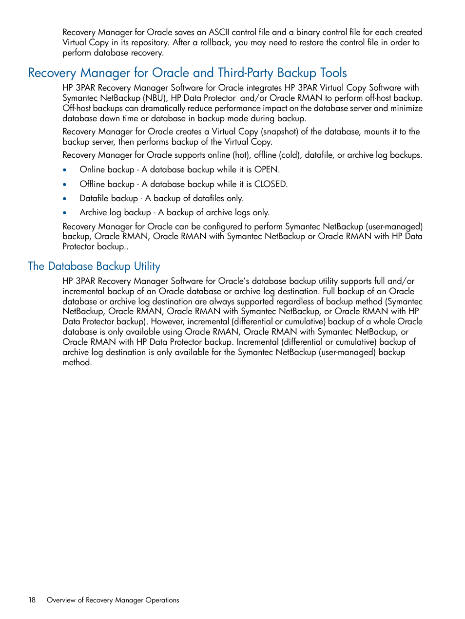 The database backup utility | HP 3PAR Application Software Suite for Oracle User Manual | Page 18 / 215