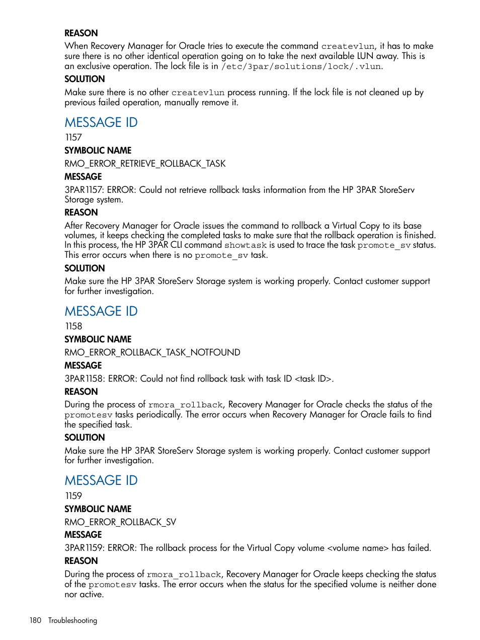 Message id | HP 3PAR Application Software Suite for Oracle User Manual | Page 180 / 215