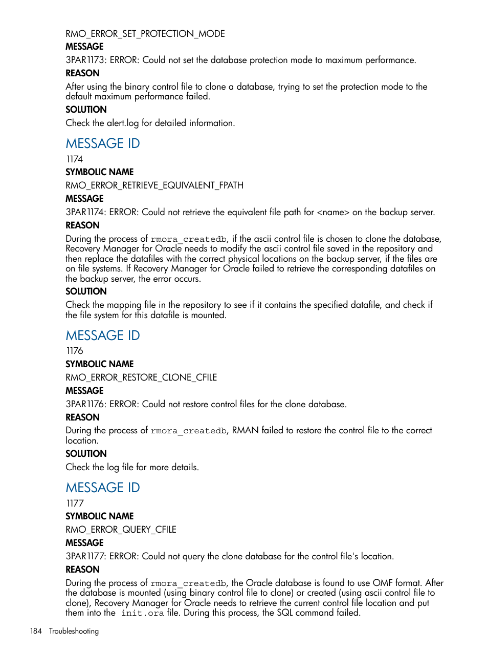 Message id | HP 3PAR Application Software Suite for Oracle User Manual | Page 184 / 215