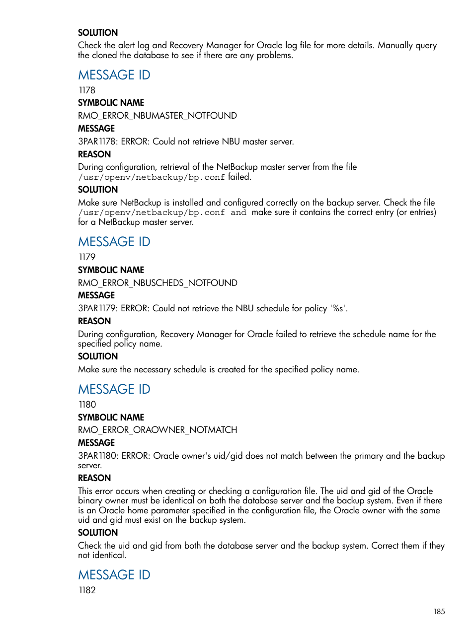 Message id | HP 3PAR Application Software Suite for Oracle User Manual | Page 185 / 215