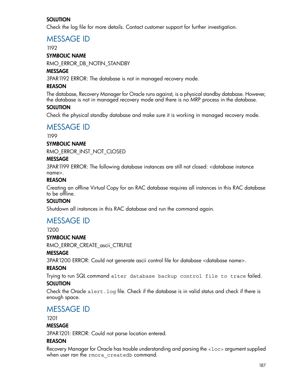 Message id | HP 3PAR Application Software Suite for Oracle User Manual | Page 187 / 215