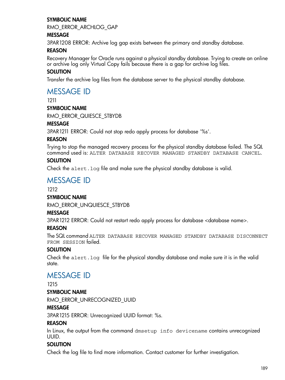 Message id | HP 3PAR Application Software Suite for Oracle User Manual | Page 189 / 215