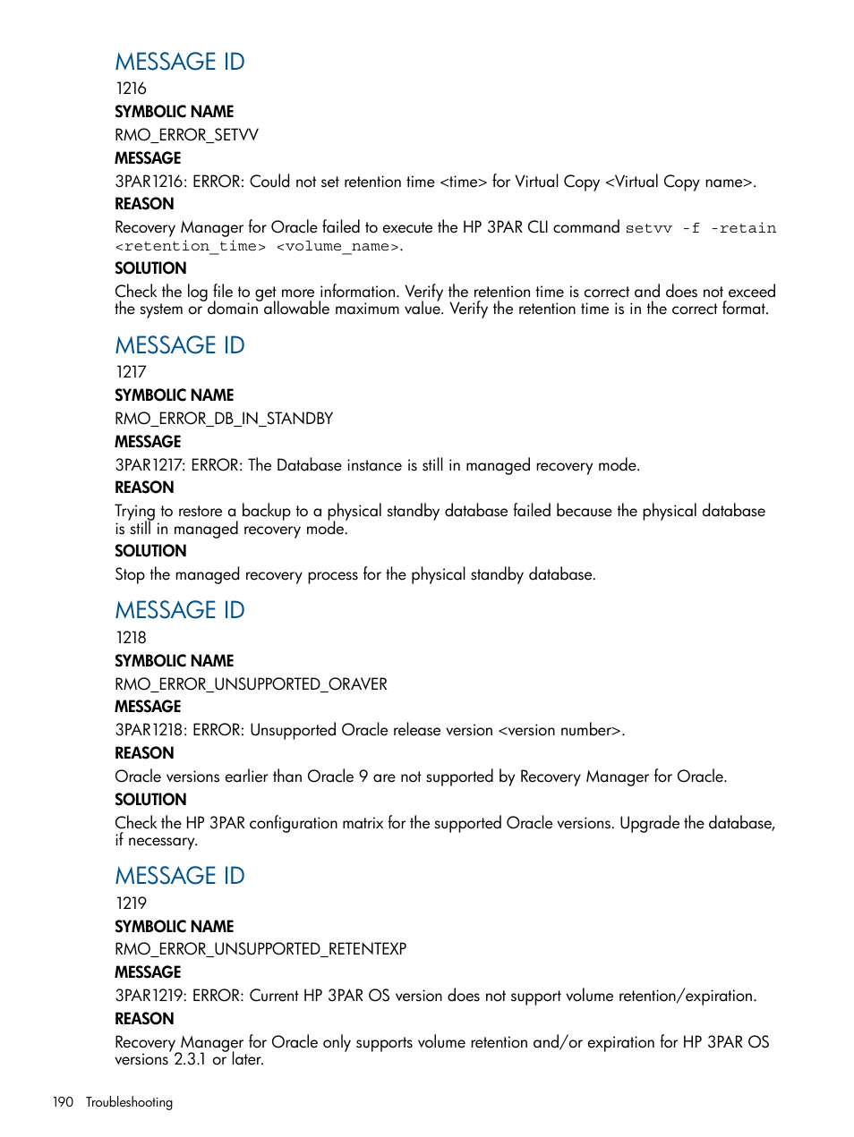 Message id | HP 3PAR Application Software Suite for Oracle User Manual | Page 190 / 215