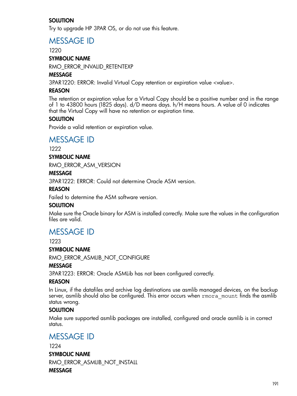 Message id | HP 3PAR Application Software Suite for Oracle User Manual | Page 191 / 215