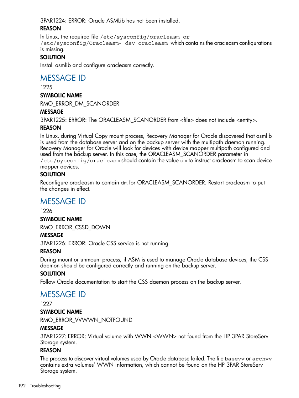 Message id | HP 3PAR Application Software Suite for Oracle User Manual | Page 192 / 215
