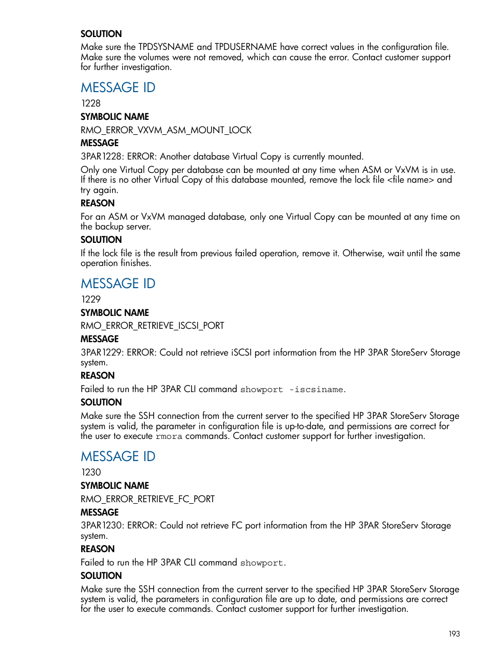 Message id | HP 3PAR Application Software Suite for Oracle User Manual | Page 193 / 215