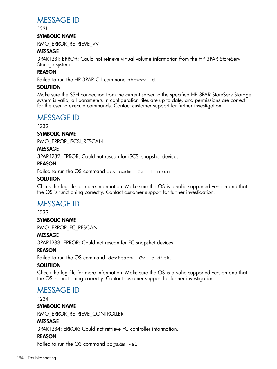 Message id | HP 3PAR Application Software Suite for Oracle User Manual | Page 194 / 215