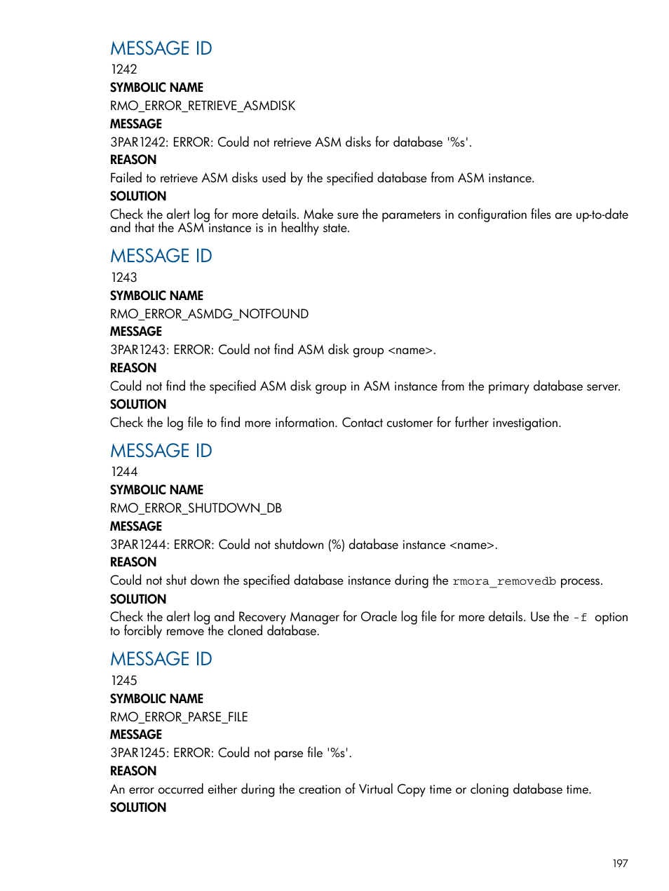 Message id | HP 3PAR Application Software Suite for Oracle User Manual | Page 197 / 215