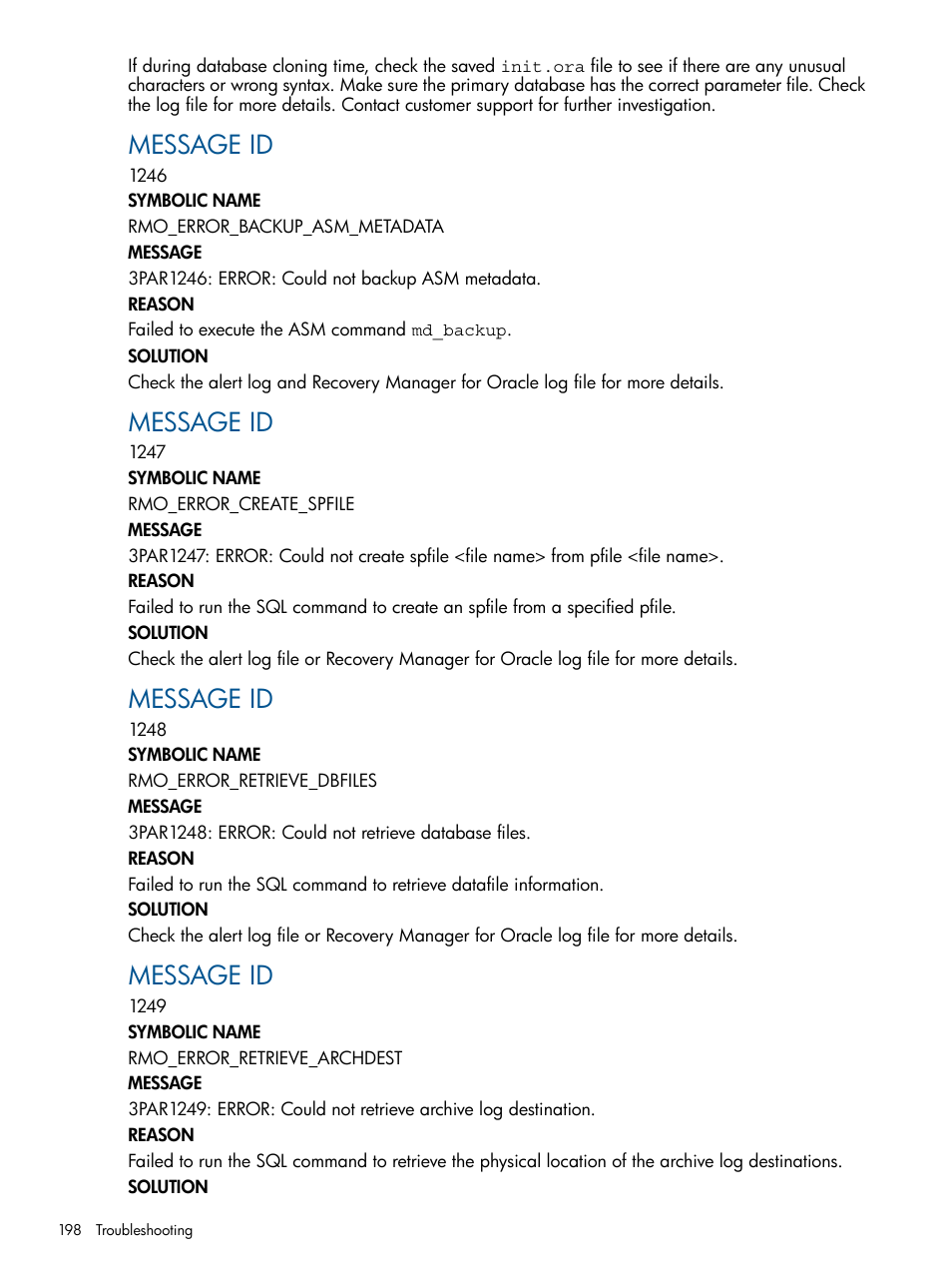 Message id | HP 3PAR Application Software Suite for Oracle User Manual | Page 198 / 215