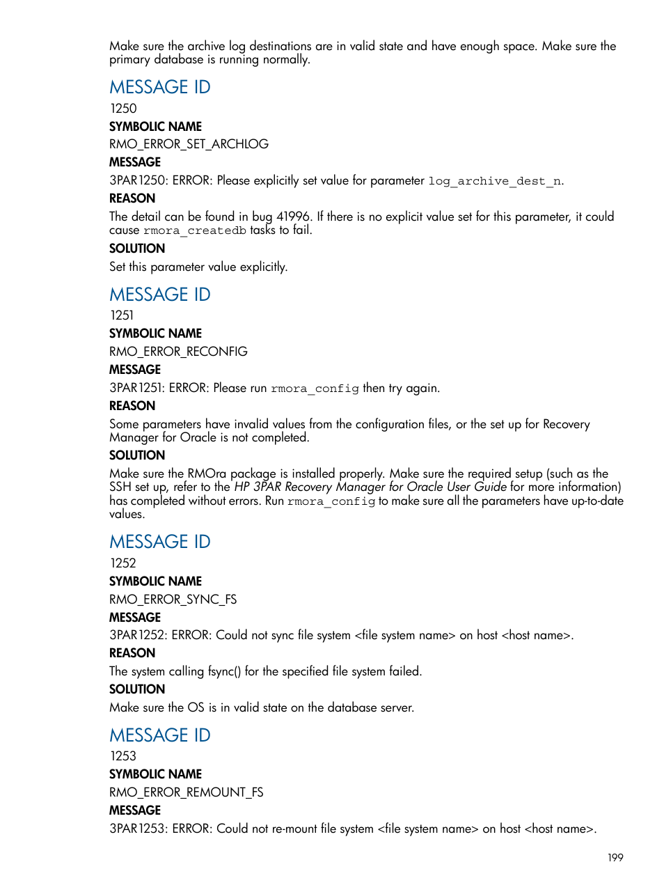 Message id | HP 3PAR Application Software Suite for Oracle User Manual | Page 199 / 215