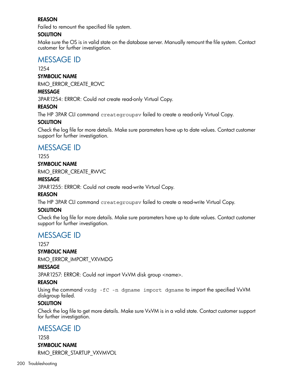 Message id | HP 3PAR Application Software Suite for Oracle User Manual | Page 200 / 215