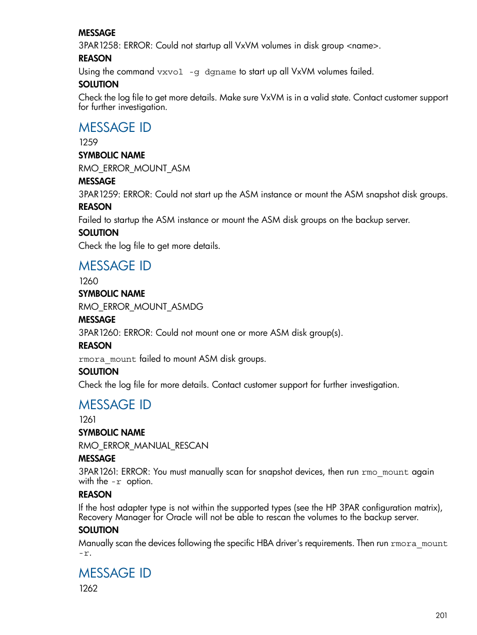 Message id | HP 3PAR Application Software Suite for Oracle User Manual | Page 201 / 215